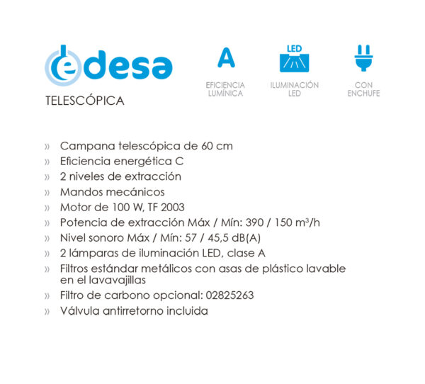 Campana telescópica Edesa ECT-6411 WH 60 cm extracción 390 m³/h – Azogue Home