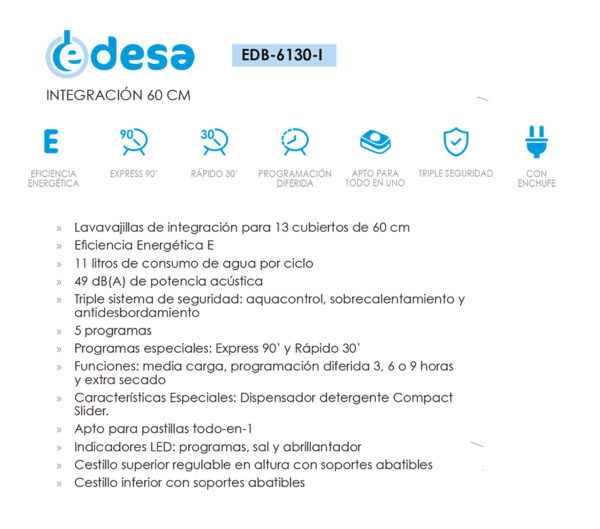 Lavavajillas integrable Edesa EDB‑6130 I 13 cubiertos – Azogue Home