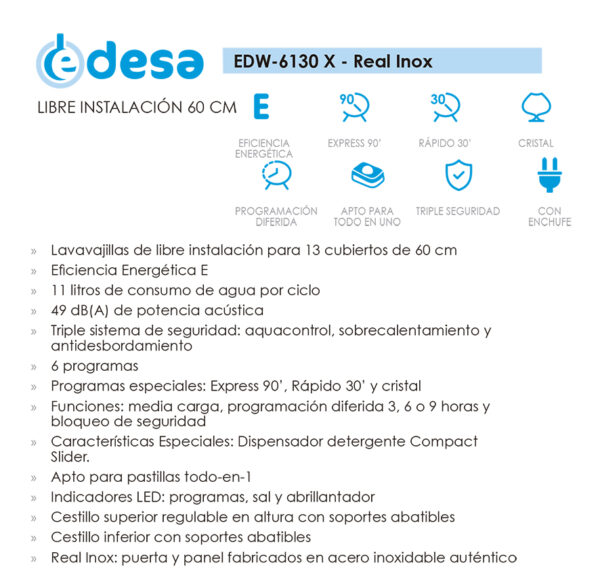 Lavavajillas libre instalación Edesa EDW-6130 X 13 cubiertos – Azogue Home