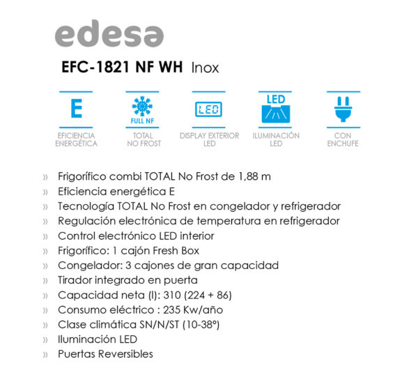 Frigorífico combi Edesa EFC-1821 NF EX No‑Frost 310 L – Azogue Home