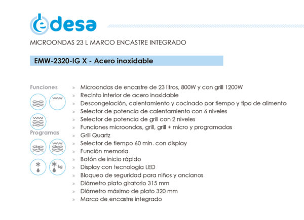 Microondas integrable Edesa EMW-2320-IG X 23 L 8 funciones – Azogue Home"