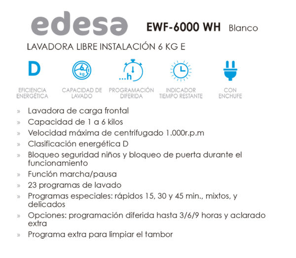 Lavadora Edesa EWF‑6000 WH 6 kg 23 programas – Azogue Home"