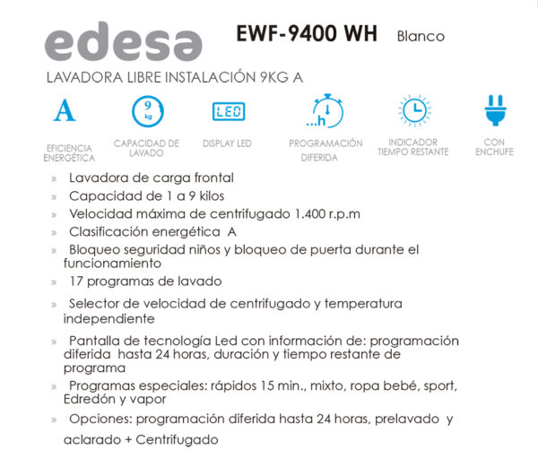 Lavadora Edesa EWF-9400 WH 7 kg 16 programas – Azogue Home