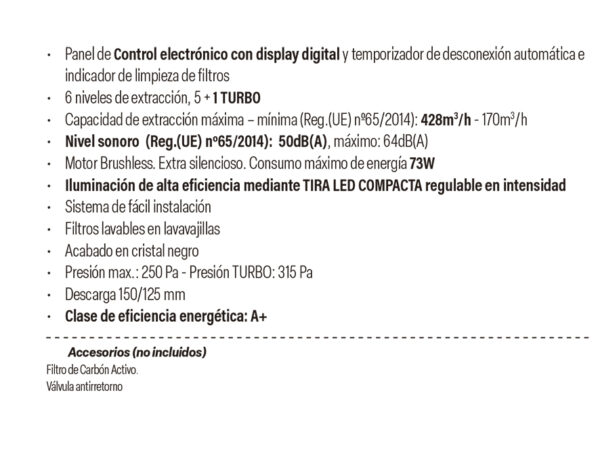 Campana decorativa Cata Juno 6000 GBK 60 cm extracción 428 m³/h – Azogue Home