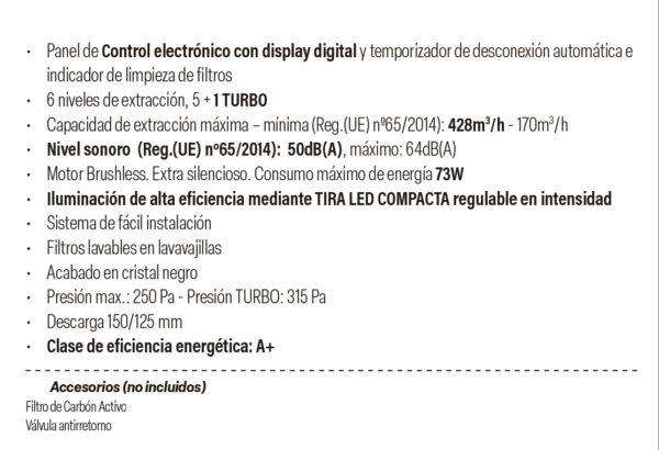 Campana decorativa Cata Juno 9000 GBK 90 cm extracción 428 m³/h – Azogue Home