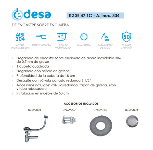 Fregadero Edesa K2 SE 47 1C sobre encimera acero inox – Azogue Home