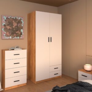 Armario ELBA de 2 puertas y 2 cajones en tono madera Mauvella y beig, con barra y estantes.