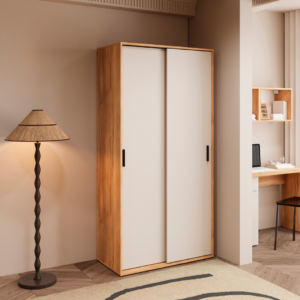 Armario corredero ELBA en madera Mauvella y beig, con barra y estante interior