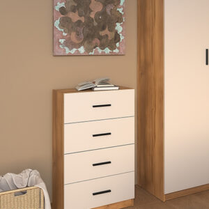 Sinfonier vertical con 4 cajones, acabado en melamina color Mauvella-Beig. Práctico, elegante y moderno. ¡Descubre toda la serie ELBA en Azogue Home!