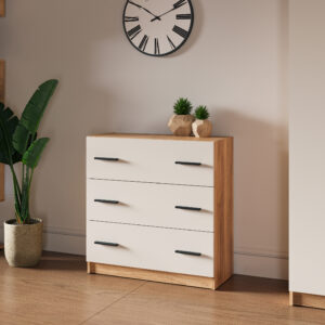 Cómoda de tres cajones con diseño moderno en melamina color Mauvella-Beig. Ideal para dormitorios actuales. Combínala con el resto de la serie ELBA.