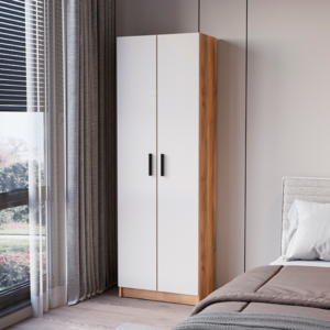 Mueble multiusos 2 puertas ELBA color madera y beig con estantes interiores y tiradores negros – almacenaje funcional dormitorio o pasillo