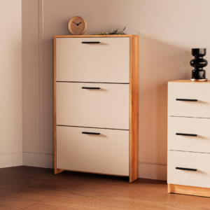 Descubre el zapatero de 3 puertas con patas de la Serie Elba en color Mauvella-Beig. Compacto, elegante y funcional para tu entrada.