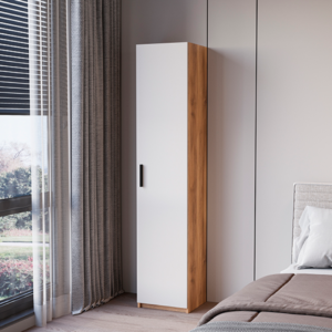 Armario multiusos 1 puerta serie ELBA color madera y beig con estantes interiores – mueble auxiliar dormitorio moderno